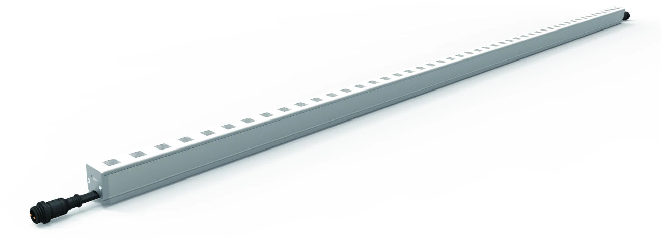 Silver linear light with perforated upper cover and end connector