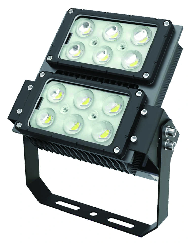 Black MY-OL-FLB family floodlight with two optical modules and mounting bracket
