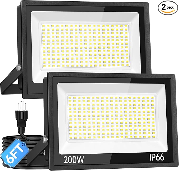 ISUERFY 200W LED Flood Light Outdoor with Plug, 24000Lm Super Brighter Security Light, IP66 Waterproof LED Worklight, 5000K Daylight White Exterior Floodlight for Yard Garden Garage Stadium(2 Pack)