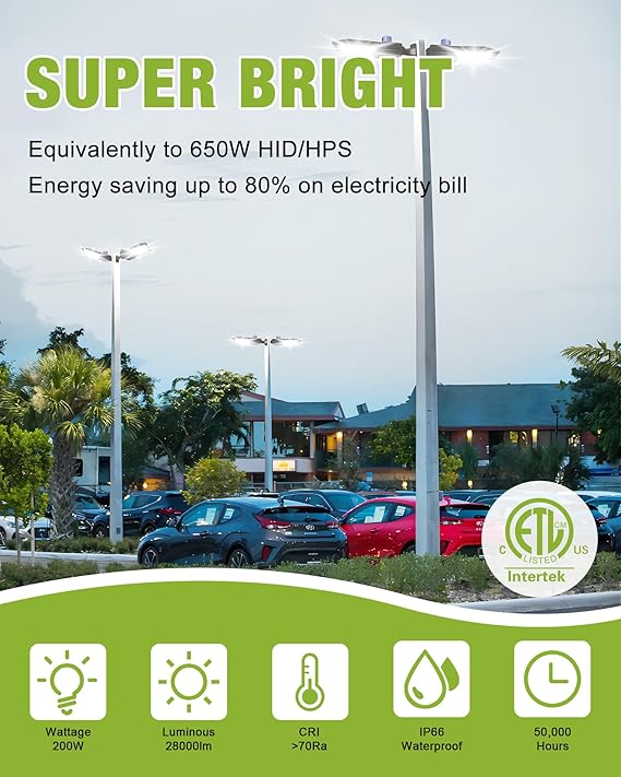 YXL LED Parking Lot Light, 200W LED Shoebox Light with Dusk to Dawn Photocell,28000LM 5000K Daylight Arm Mount, IP65 Waterproof, LED Area Light for Parking Lot Sports Stadium, 3 Pack, L2115200