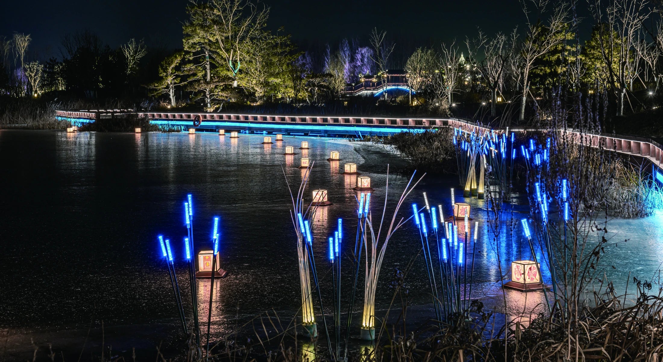 Landscape lighting across water, planting and pedestrian areas.
