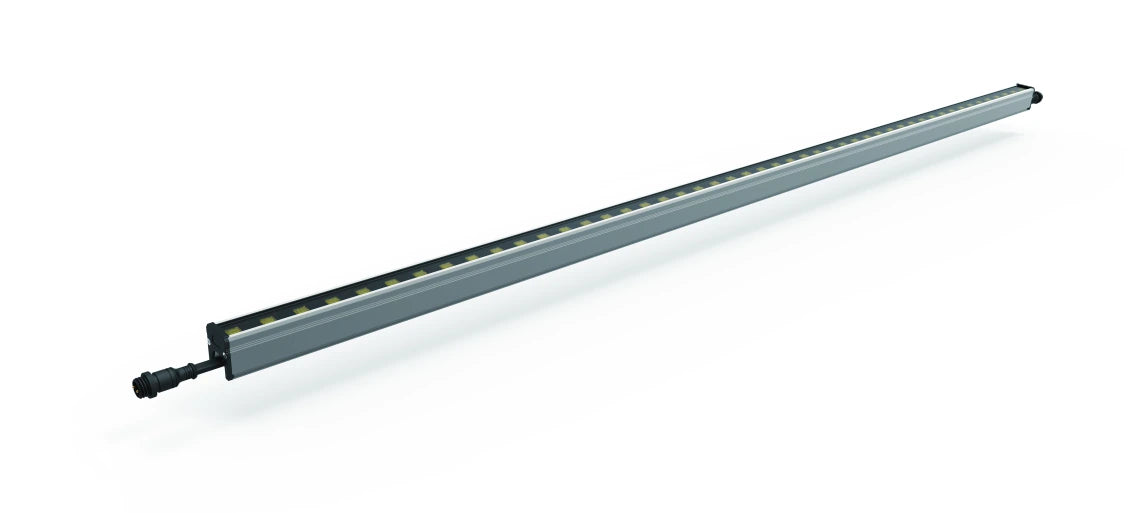 Narrow grey linear light with open light channel and end connector