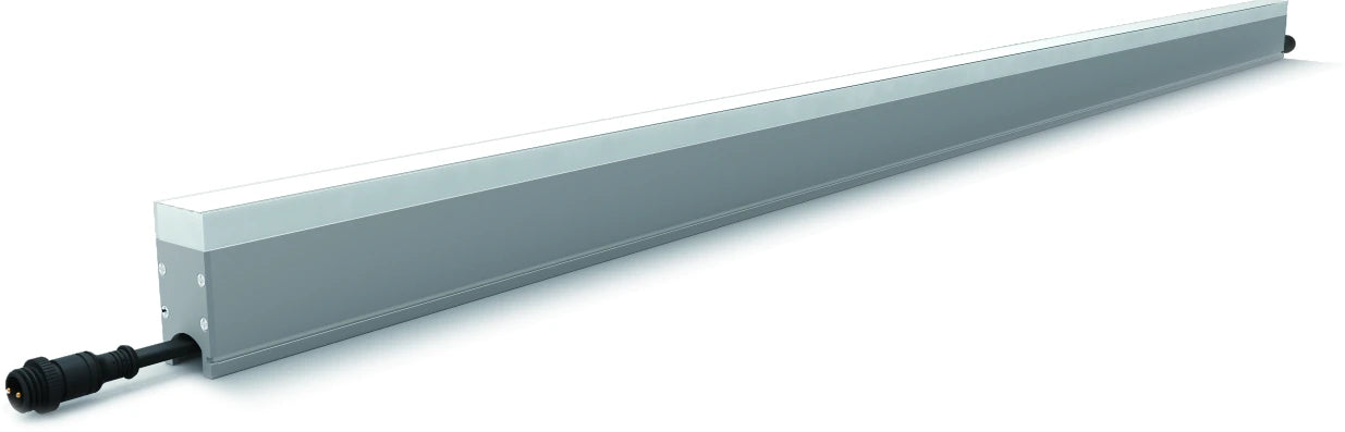 Tall silver linear light with continuous diffuser and end connector