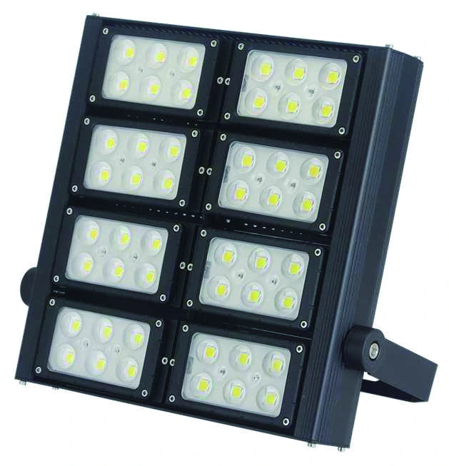 Black MY-OL-FLA family floodlight with eight optical modules and mounting bracket