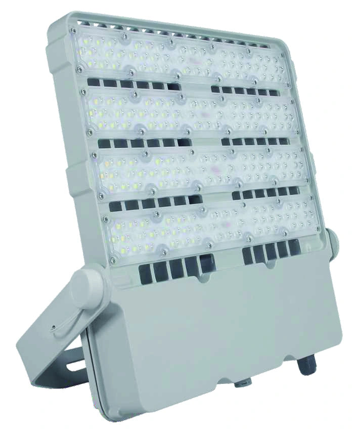 Grey MY-OL-FLF LED floodlight with multiple rows of optical lenses and mounting bracket