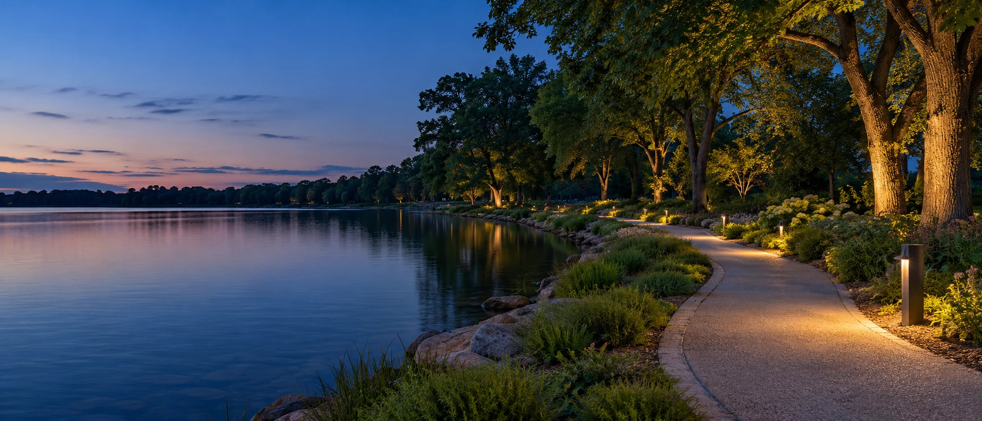 Waterfront park lighting scene with a curved path and mature trees