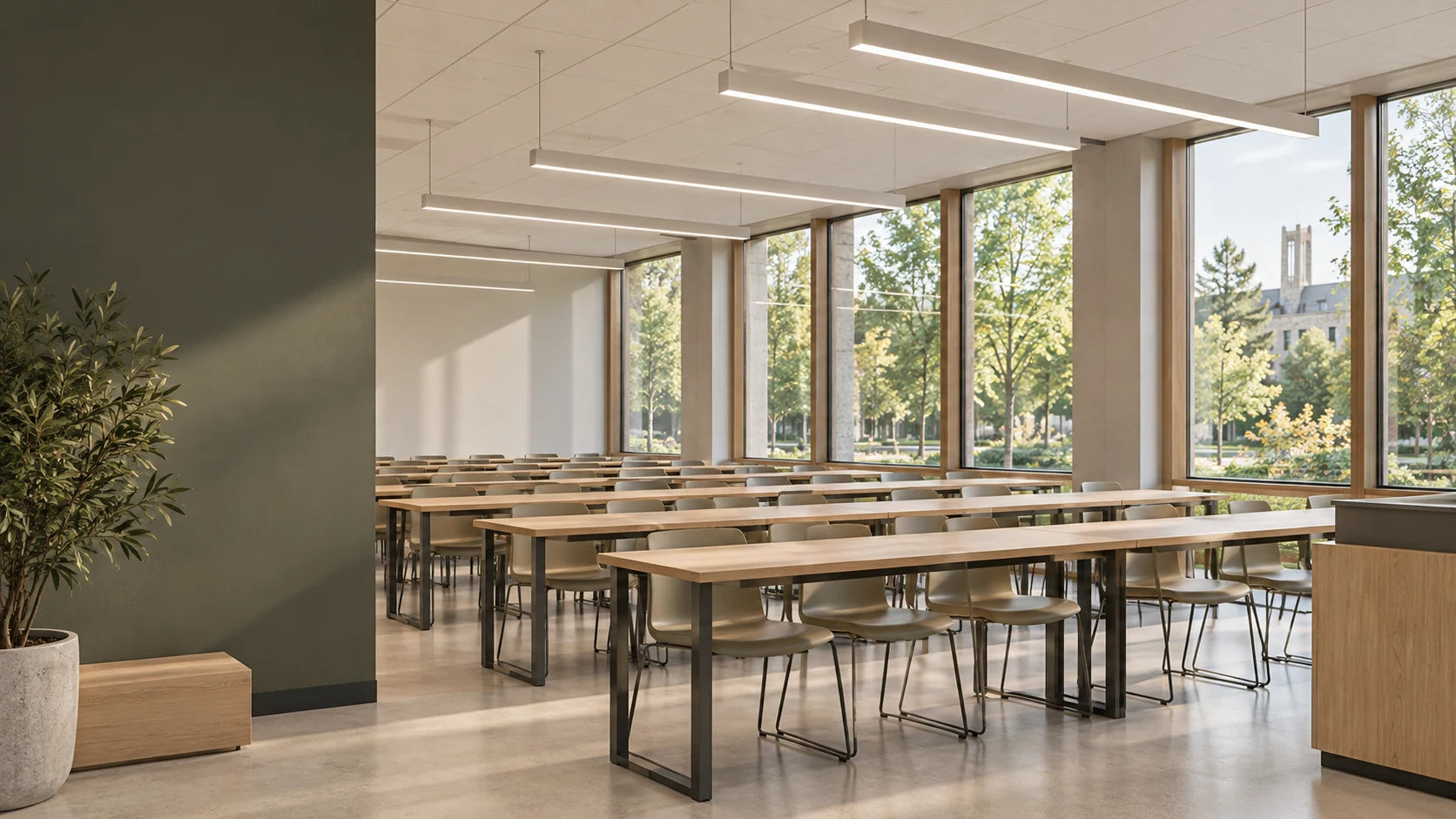 Linear luminaires suspended above classroom desks beside tall windows