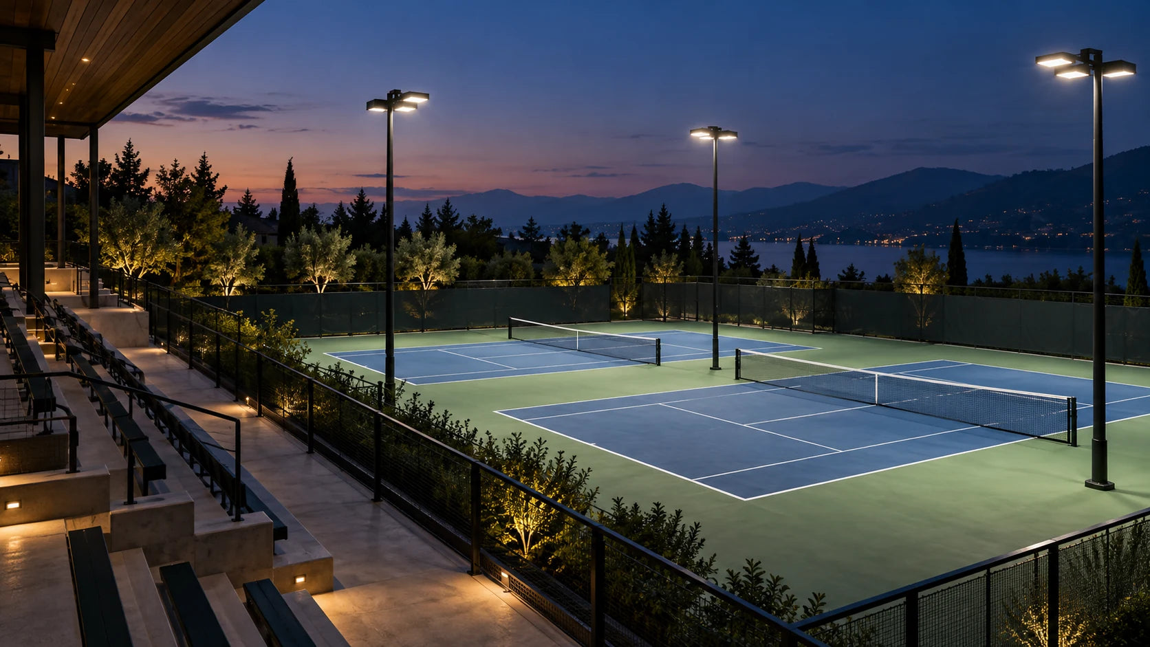 Outdoor tennis courts illuminated for evening play